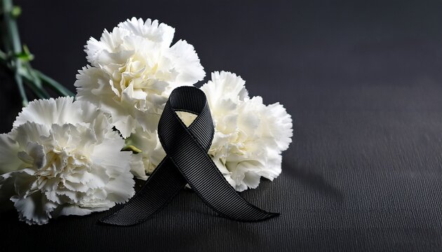 black funeral ribbon and white carnations flowers on dark background