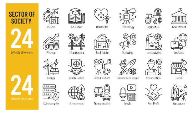 Society Sectors Global Economy 24 Editable Thin Line Icons Set