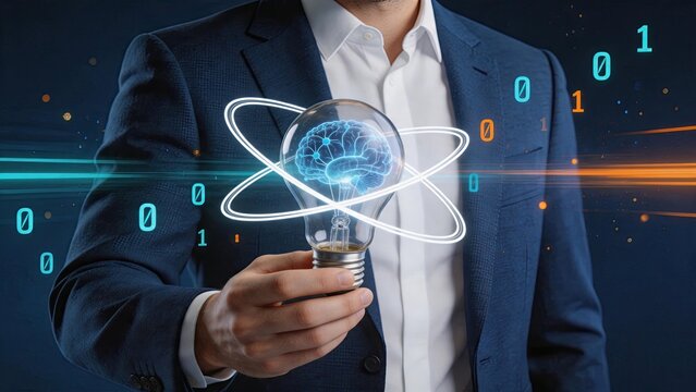 Businessman holding a light bulb with a glowing brain inside, surrounded by binary code and digital data streams, symbolizing innovation, artificial intelligence, creative