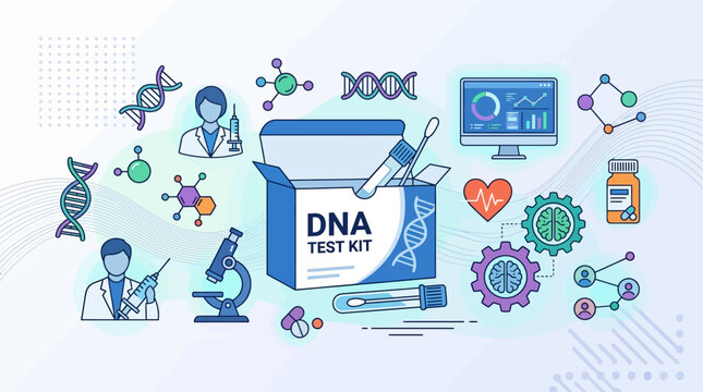 DNA test kit biotechnology concept with laboratory equipment and icons