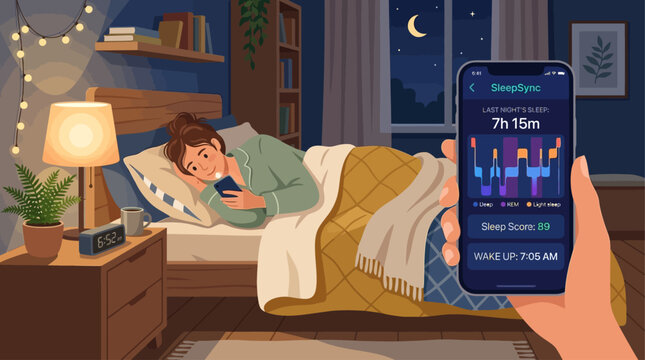 Woman using smartphone in bed at night, sleep tracking on mobile app, bedroom scene