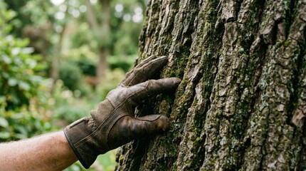 Fototapeta premium Arborist Wearing Glove Inspecting Tree Bark Up Close