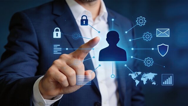Businessman interacting with user profile interface, identity management system, personal data settings, account security locks, global connectivity map, dashboard analytics,