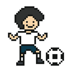 Obraz premium Cute man play football or kick ball 8 bit cartoon with soccer,exercise,cup,world.