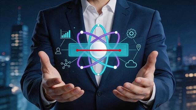 Businessman holding virtual atom symbol representing quantum computing, artificial intelligence, physics science and advanced technology concepts with data charts and network
