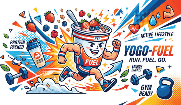 Energetic fitness protein yogurt mascot banner design with running character shaker bottle dumbbells berries and active lifestyle slogans