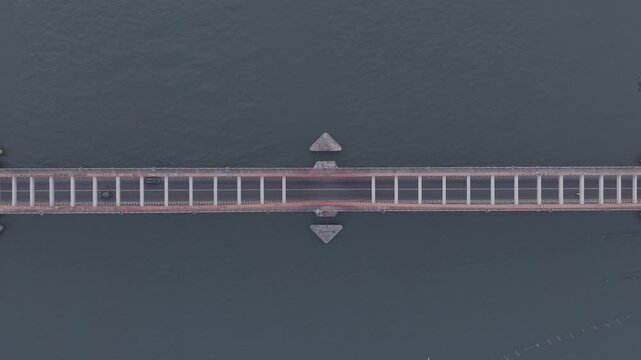 Aerial drone view of Thanneermukkom Bund, bridge located in Alappuzha and Kottayam Kerala, India 
