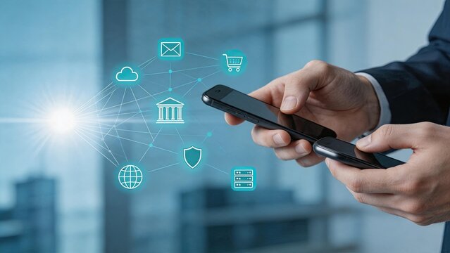 Hands holding smartphones for mobile payment and banking transaction, fintech concept with digital icons for cloud storage, shopping cart, email and security shield representing