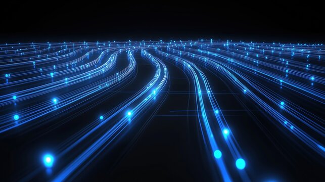 Blue High-Speed Data Stream Fiber Optic Network Background Abstract Tech Concept With Glowing Curves And Particles