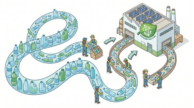 Recycling factory process illustration showing plastic bottles being processed.