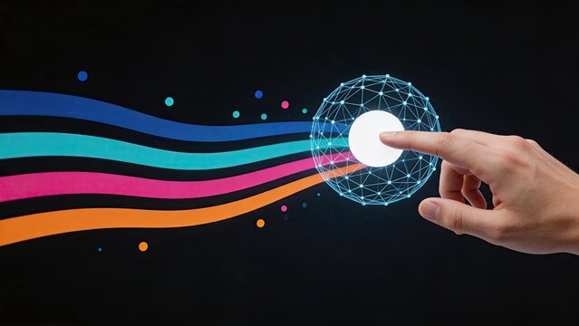 Finger touching a wireframe sphere with colorful data streams flowing out, depicting information transfer, creative flow, and digital interaction on a dark background.