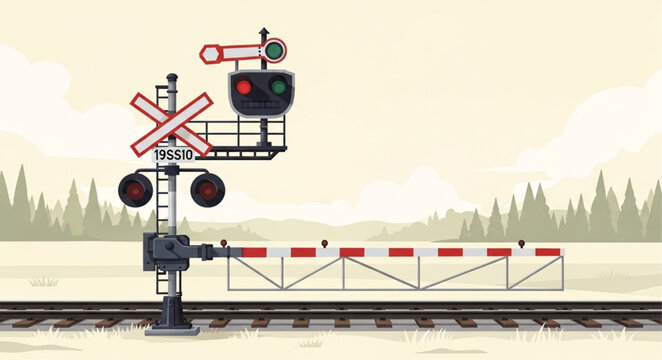 Railway crossing signal with barrier and train tracks.