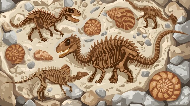 Dinosaurs Skeletons and Buried Snail Shells &ndash; Paleontology Vector Cartoon Illustration,