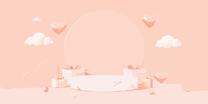 Product display podium with pink background hearts and clouds