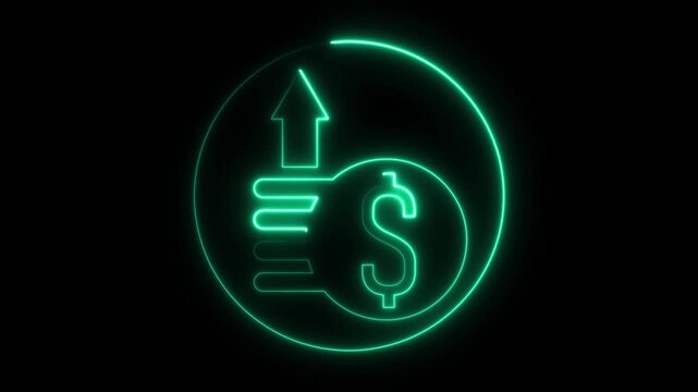 Glowing green neon outline of a dollar sign with an upward trending arrow and stacked horizontal lines within a circular border on a black background representing financial growth and investment