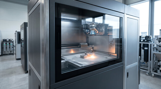 Industrial laser powder-bed-fusion metal printer fusing fine alloy powder layer by layer inside its build chamber at an advanced additive manufacturing facility during a production build