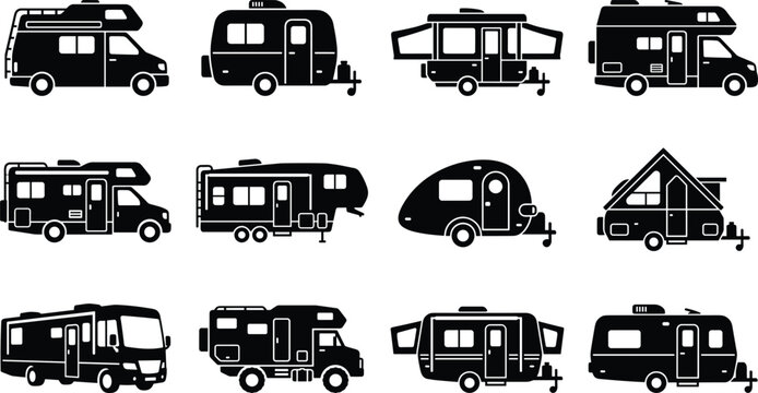 Recreational vehicle camper icon vector set featuring various black silhouette RV motorhome travel trailer and camper van designs isolated on white background.