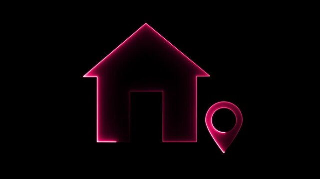 Vivid Pink Neon Outline of a House Symbol Next to a Location Pin on a Black Background Symbolizing Home Finding and Navigation