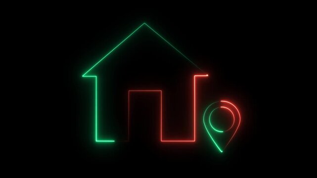 Contrasting neon outline with a house symbol and location pin marker, split between red and green on a black background, indicating choices or status in real estate