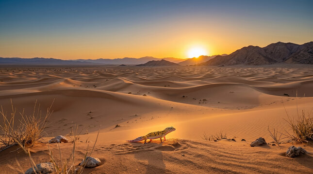 Leopard gecko standing on glowing sand dunes beneath dramatic desert sunset and mountains beautifully