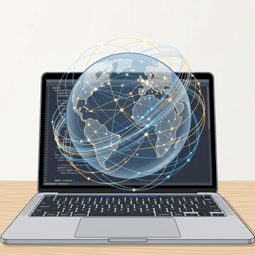 Modern Laptop Computer with Code Editor Displaying 3D Translucent Network Globe with Blue and Gold Connection Lines Floating Above Screen Representing Global Web Development