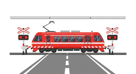 Red Electric Train Crossing Railroad Tracks with Signals. © Malik