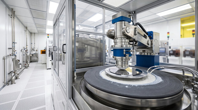 Chemical mechanical planarization tool polishing a silicon wafer flat with a rotating pad and slurry inside an advanced semiconductor fabrication cleanroom during a processing operation