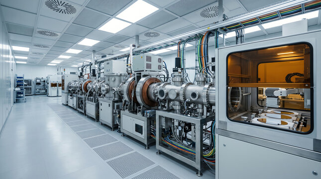 Large ion implanter tool with its long beamline doping silicon wafers with charged particles inside an advanced semiconductor fabrication cleanroom during a front-end processing operation