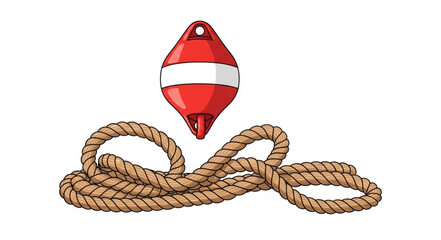 Red and white buoy with nautical rope isolated on white background. © Malik