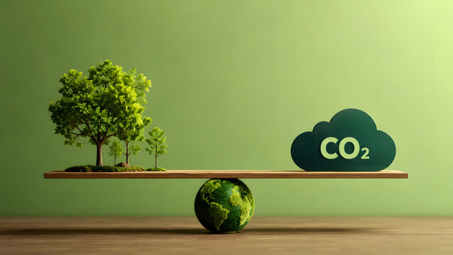 Carbon neutrality and net zero emissions concept with wooden seesaw balancing green trees and CO2 cloud icon over the globe. Environmental protection and climate change solution balance