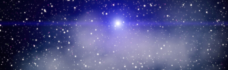 Obraz premium Panoramic blue space background. Bright glowing star with lens flare in deep starry universe and soft nebula cloud.