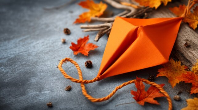 Bright Orange Kite Laid Flat with String Loosely Coiled on an Autumn Background