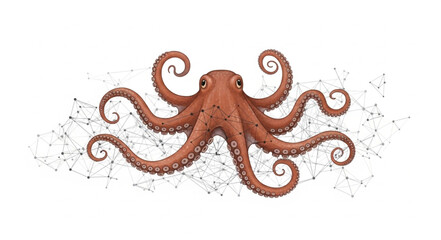 Red octopus with swirling tentacles on a white background. © Malik