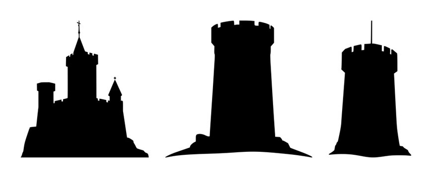 Castle tower set with black silhouette on pristine white background featuring medieval architecture, fortress, tower silhouette with negative space and outline