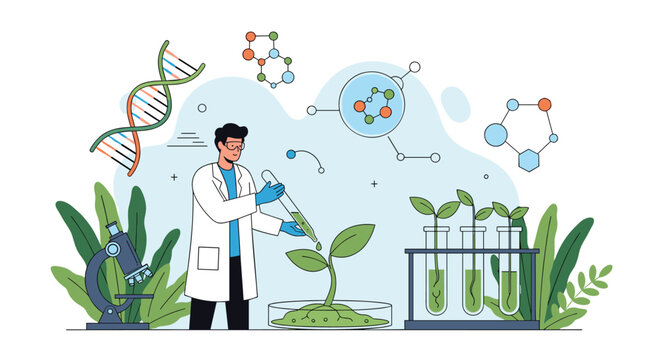 Scientist in lab coat and safety glasses conducting botanical research and plant breeding experiment in modern laboratory.