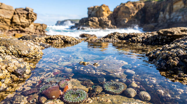 Australian coastal rock pool marine life tidepool ocean nature travel clear shallow water and shoreline formations show intertidal biodiversity for tourism conservation coastal education