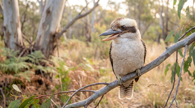 Australian kookaburra bird wildlife native bush nature perched portrait travel laughing bird on a branch highlights recognizable woodland fauna and natural soundscape identity concept