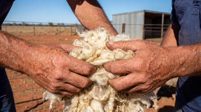Australian sheep farmer hands wool rural work agriculture outback lifestyle weathered hands holding fleece express pastoral labor farming tradition and rugged regional industry concept