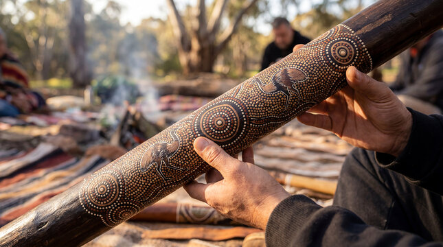 Aboriginal didgeridoo Australian cultural instrument hand painted detail heritage craft decorated wooden instrument in close view supports respectful music craft cultural education