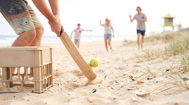 Australian beach cricket sand wicket summer sport family game lifestyle makeshift stumps and ball on the shoreline capture casual holiday play community tradition and coastal recreation