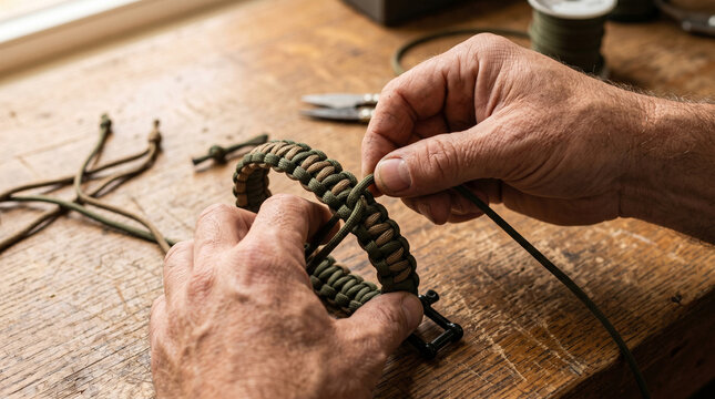 Extreme close-up of a skilled artisan's hands weaving a handmade paracord bracelet on a wooden table under warm natural light
