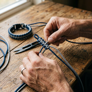 Extreme close-up of a skilled artisan's hands weaving a handmade paracord bracelet on a wooden table under warm natural light