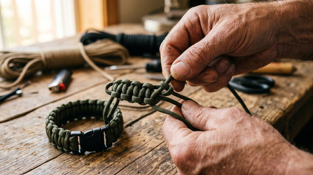 Extreme close-up of a skilled artisan's hands weaving a handmade paracord bracelet on a wooden table under warm natural light