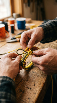 Extreme close-up of a skilled artisan's hands weaving a handmade paracord bracelet on a wooden table under warm natural light