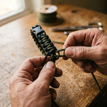 Extreme close-up of a skilled artisan's hands weaving a handmade paracord bracelet on a wooden table under warm natural light