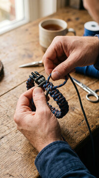 Extreme close-up of a skilled artisan's hands weaving a handmade paracord bracelet on a wooden table under warm natural light
