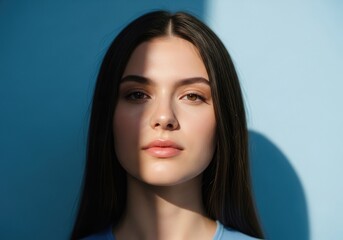 Fototapeta premium 青い背景に、長い黒髪でナチュラルメイクをした若い女性のクローズアップポートレート。