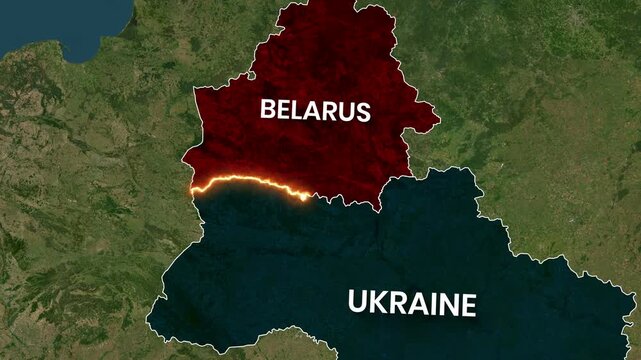 Glowing border highlights the geopolitical tension between Belarus and Ukraine on the map Animation