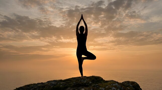 Woman practicing yoga on a rocky cliff at sunset