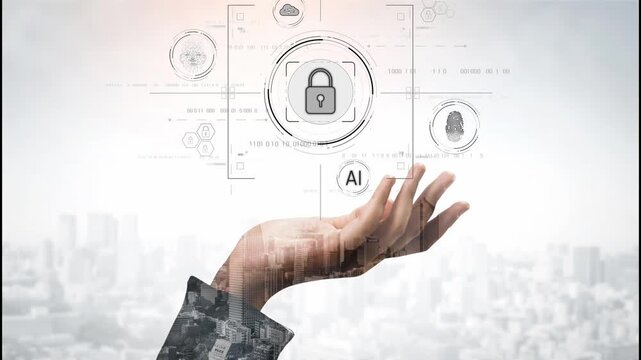Cybersecurity system interface with biometric lock and data protection. Cybersecurity protects access, identity, cyber security prevents threats, and cyber security supports digital systems. Marrow